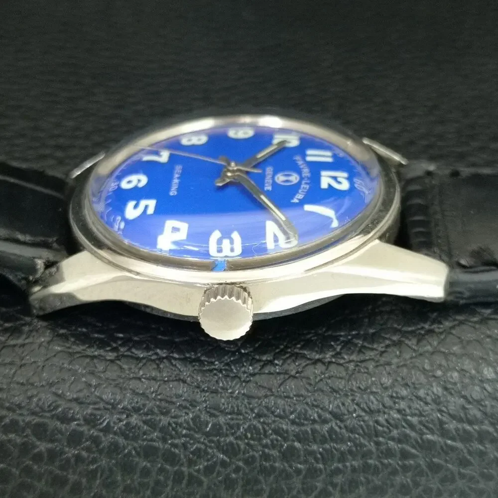Vintage 1987 Favre Leuba Manual Mens Silver Watch W/Black Leather Strap